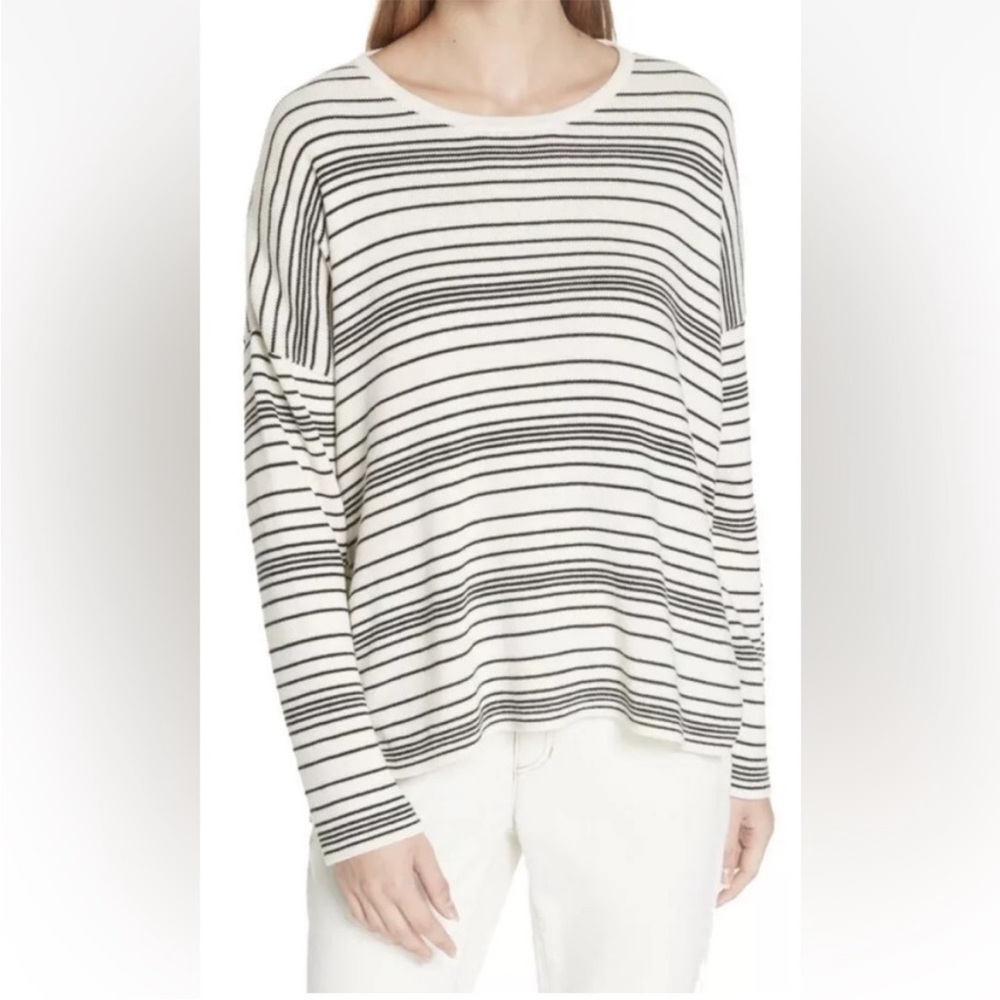 Eileen Fisher‎ Hi-Low Pullover Knit Sweater Organic Cotton Oversized Striped M